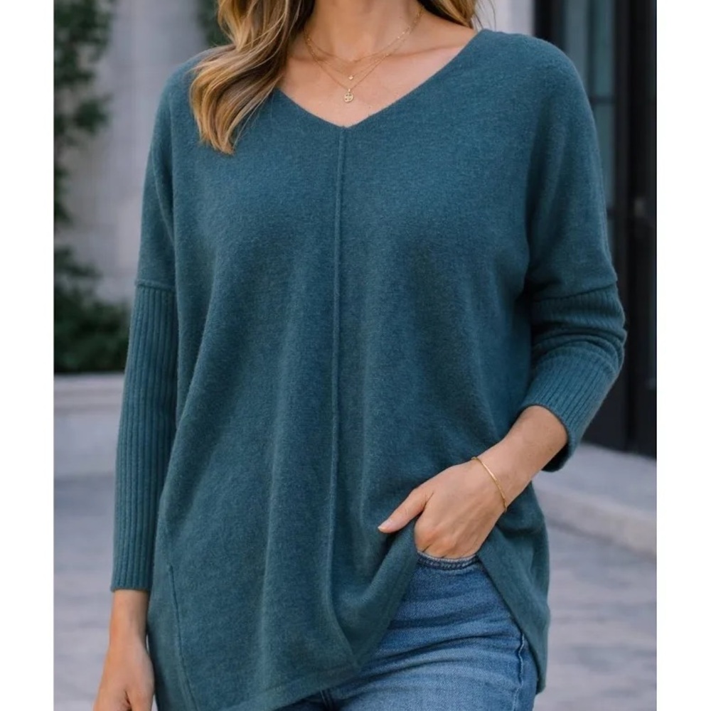 Soft Surroundings 100% Cashmere V-Neck Pullover Sweater Teal Women’s L Quiet Lux